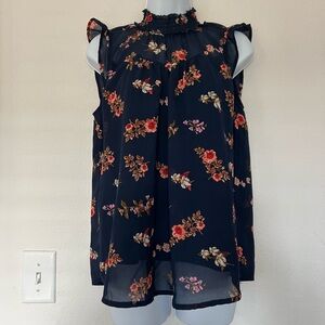 Fun & Flirt Navy Floral High Neck Sleeveless Blouse - Size M